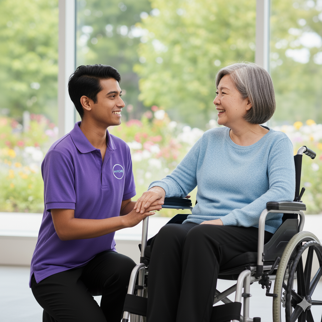 Friendly support worker with participant enjoying community time